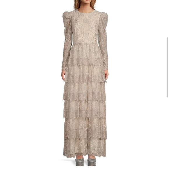 ANTONIO MELANI Dresses & Skirts - NWT Antonio Melani Metallic Lace Long Sleeve Tiered Ruffle Maxi Dress Size 4